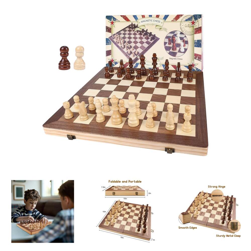 Chess Set Wooden Folding Board Game for Adults 15 Inch Handcrafted with Storage